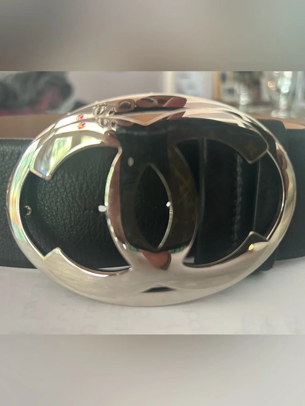 CHANEL Black Leather Belt with Silver CC Oval Buckle